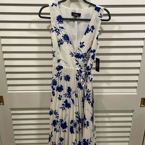 Lulus Lindsie blue and white pleaded wrap maxi dress